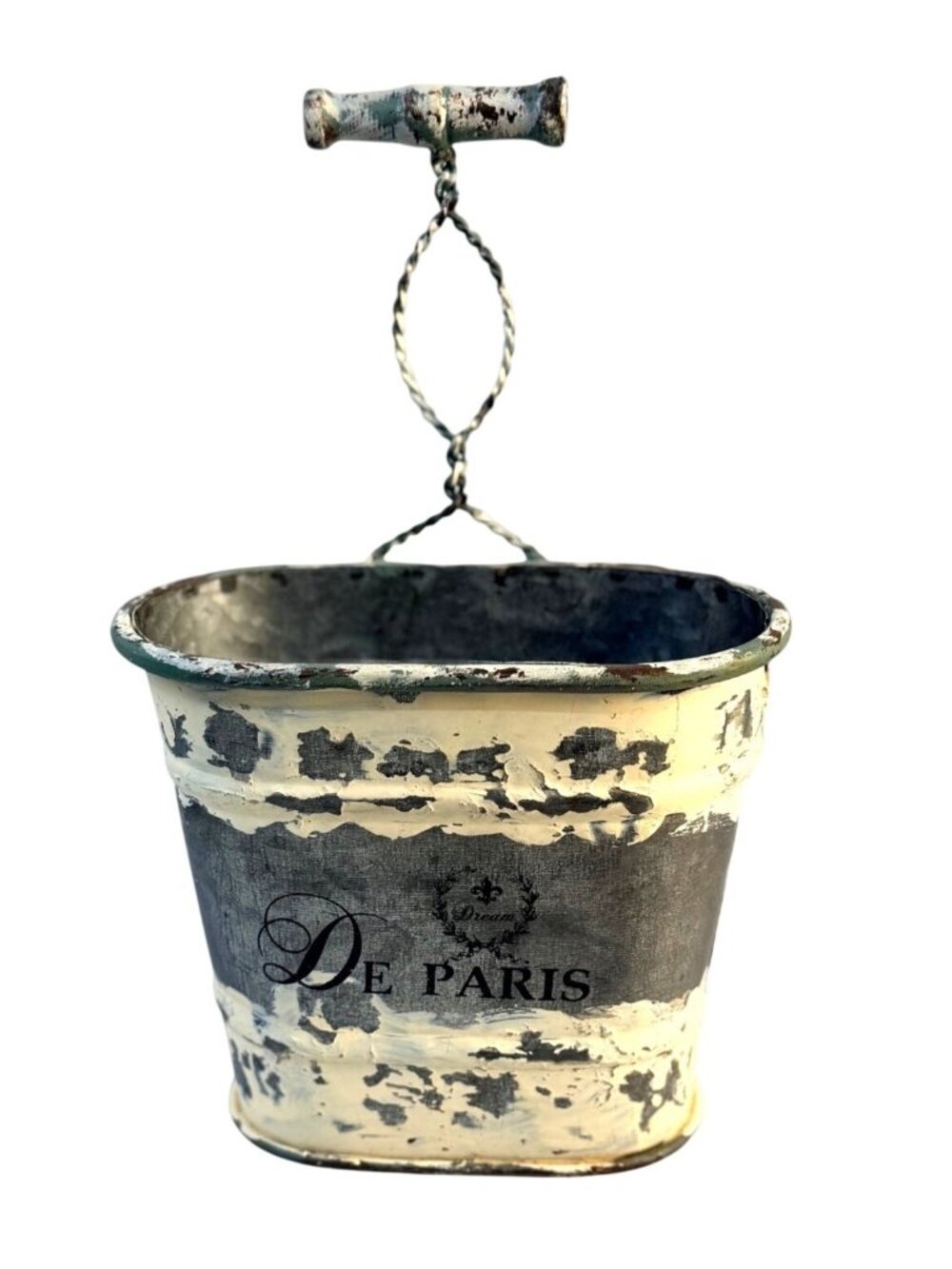 Vintage Shabby Chic "De Paris" Galvanized Metal Bucket Planter Caddy